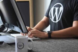 man using wordpress on laptop